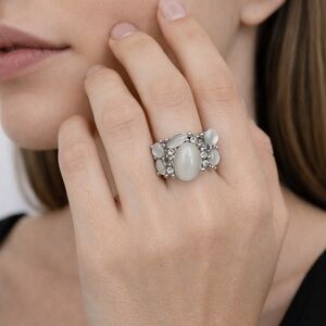 White Moonstone Rhinestone Stretch Ring Silver Tone Adjustable Statement Ring